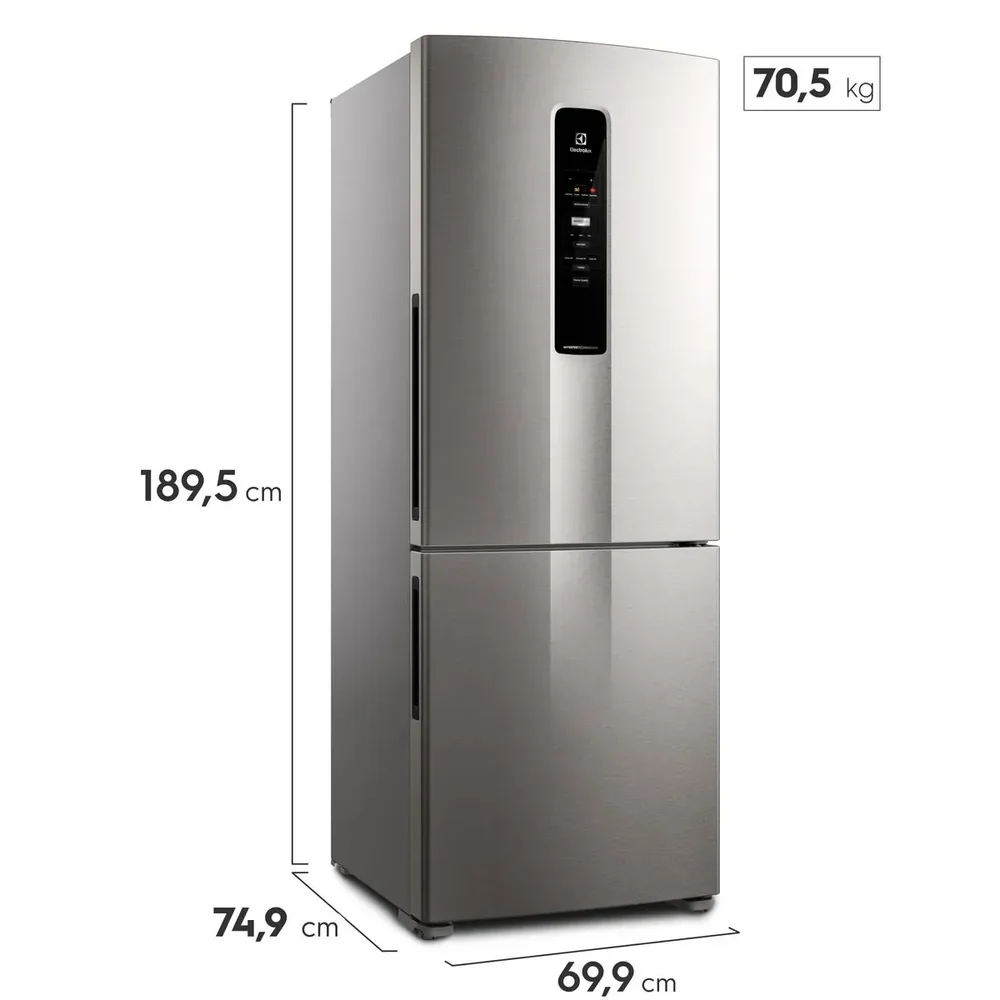 Dimensões da geladeira Electrolux IB51S: 189,5 cm de altura, 69,9 cm de largura, 74,9 cm de profundidade e 70,5 kg