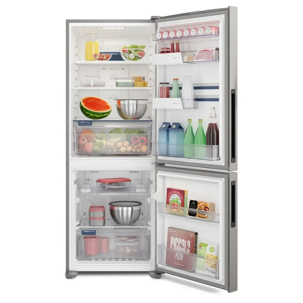 Interior da geladeira Electrolux IB51S com as portas abertas, mostrando refrigerador e freezer